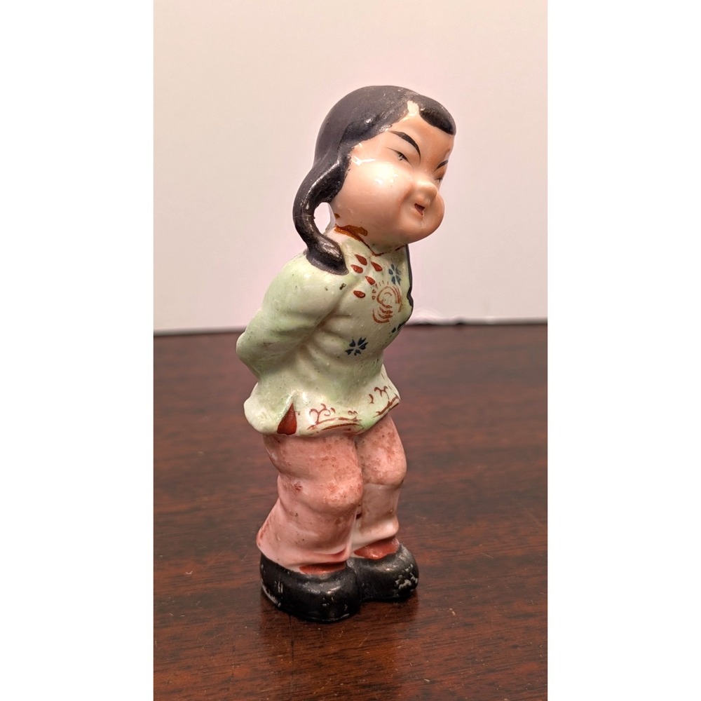Vintage 1950s Japan Ceramic Girl Figurine Mid Century Kitsch Pigtails 4.5"